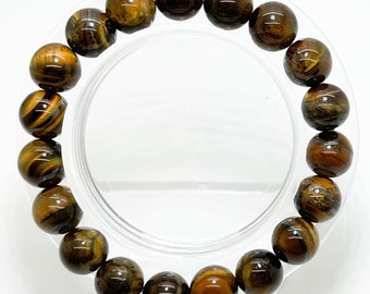 Natural Tiger's Eye Tiger Eye Polished Smooth Round Gemstone Beads Size 6mm 8mm 10mm Gemstone Stretch Elastic Cord Handmade Bracelet PGB33