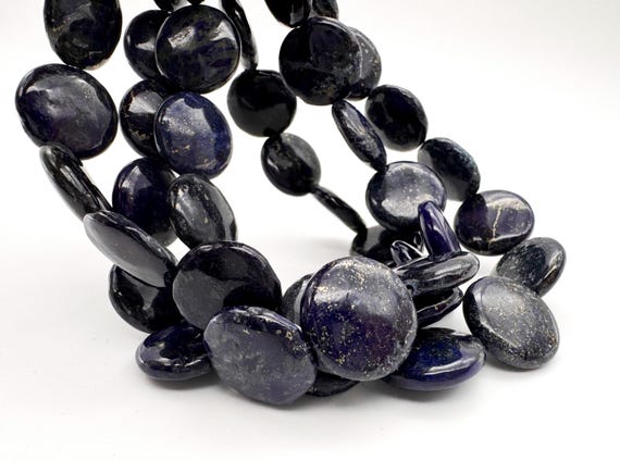 Natural Lapis Lazuli Beads Flat Round Coin 16mm 25mm Large Blue Gemstone Pyrite Matrix 15.5" Strand Jewelry Making PG97