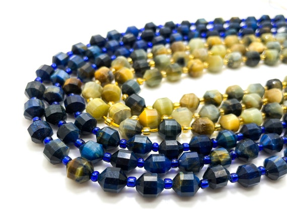 Natural Blue Golden Tiger Tiger's Eye Faceted Round 7mm x 8mm Double Terminated Points Energy Prism Cut Gemstone Beads - PGS300