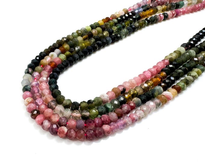 Genuine Rainbow Tourmaline Beads, Natural AAA Rainbow Tourmaline Faceted Rondelle 3mm x 4mm Gemstone Beads - RDF68