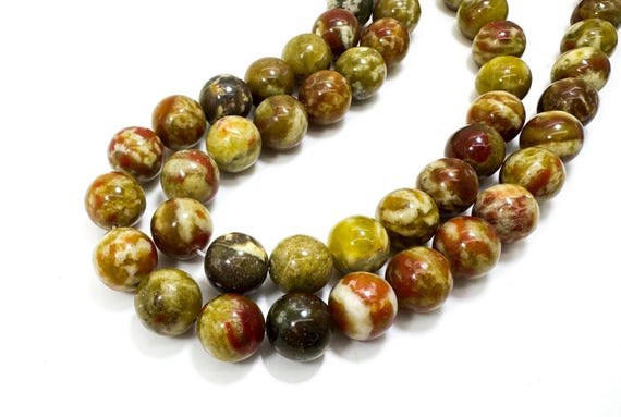 Dragon Blood Serpentine Jade Beads – Round Polished Natural Gemstone, Red Olive Green Cream Mix – Full Strand 6mm 8mm 10mm  - RN204