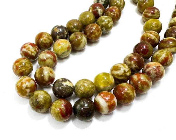 Dragon Blood Serpentine Jade Beads – Round Polished Natural Gemstone, Red Olive Green Cream Mix – Full Strand 6mm 8mm 10mm  - RN204