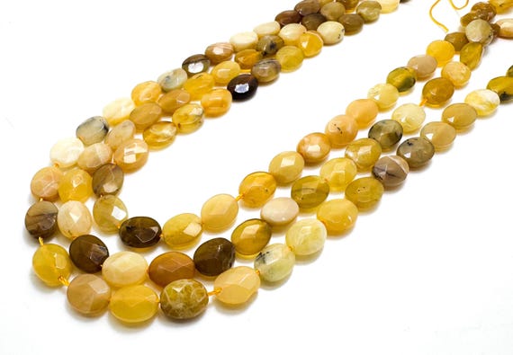 Yellow Opal Gemstone Beads, Natural Yellow Opal Faceted Flat Oval 8mm x 10mm Gemstone Beads - PG114