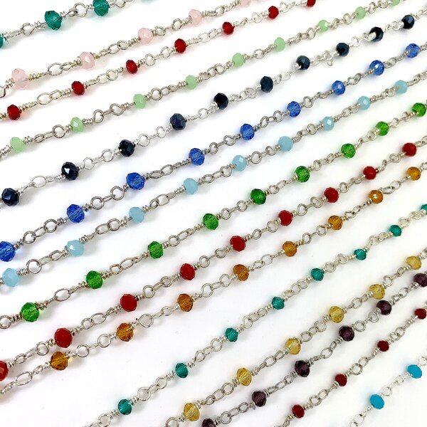 Crystal Rosary Chain, Silver Plated 3 mm Beaded Jewelry Chains - Red Blue Green Yellow Orange - PCH01