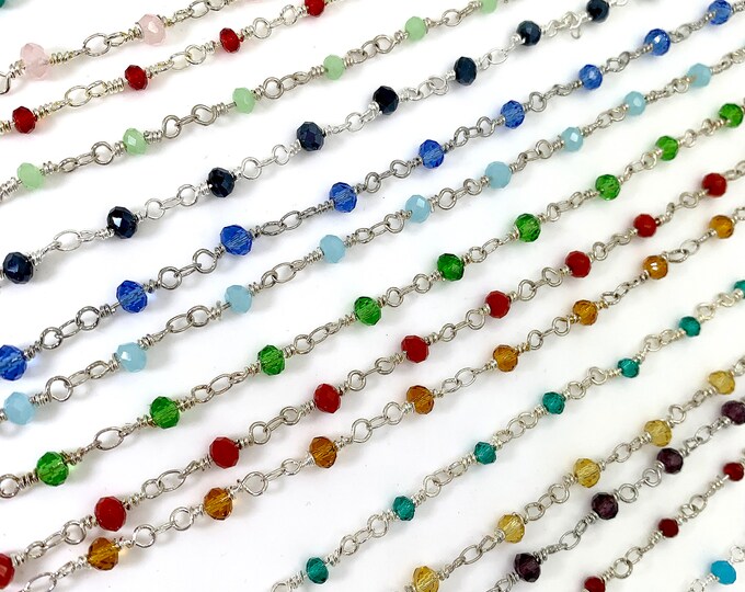 Crystal Rosary Chain, Silver Plated 3 mm Beaded Jewelry Chains - Red Blue Green Yellow Orange - PCH01