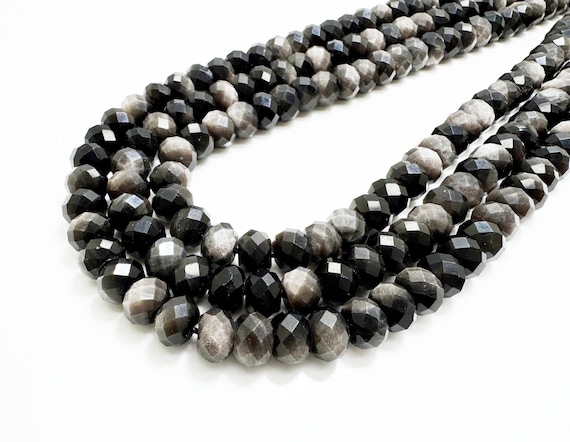 Silver Sheen Obsidian Faceted Rondelle Beads 6x8mm | Natural Black Gemstone Beads | 14.5” Strand | Jewelry Making Supplies - RDF04