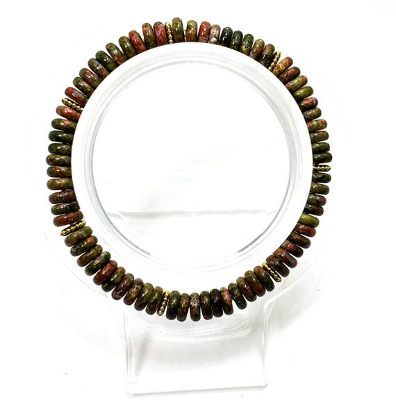 Handmade Unakite Rondelle Bracelet 6.5" – 6mm Gemstone Beads with Gold Spacers - PGB8R21
