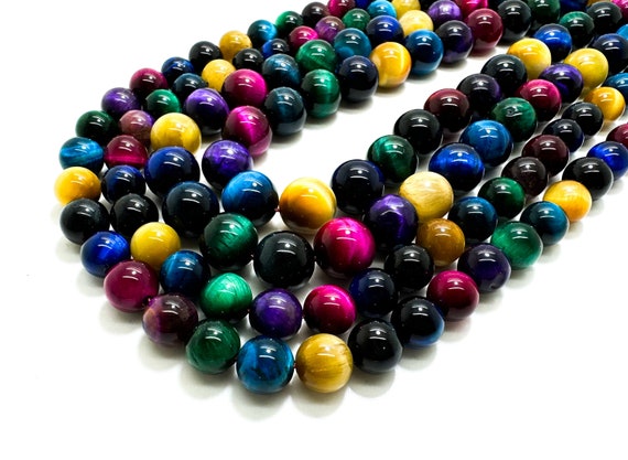 Multi-Color Rainbow Tiger Eye Polished Smooth Round 8mm 10mm Gemstone Beads - RN164B