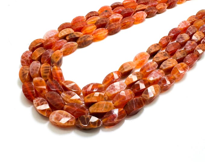 Natural Fire Agate Beads, Red Fire Agate Twisted Oval Smooth Polished Gemstone Beads - 6mm x 12mm - PG172
