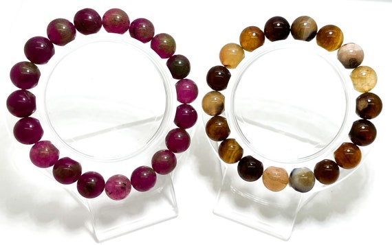 Natural Agate Smooth Polished Round Gemstone 8mm 10mm Beads Stretch Elastic Cord Bracelet (Purple, Brown) - PGB58
