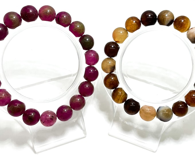 Natural Agate Smooth Polished Round Gemstone 8mm 10mm Beads Stretch Elastic Cord Bracelet (Purple, Brown) - PGB58