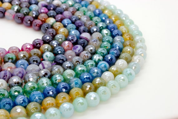 Rainbow Agate Beads, Faceted Round Green Blue Lime Yellow Purple Gray Rainbow Loose 8mm Agate Gemstone Beads - RNF92