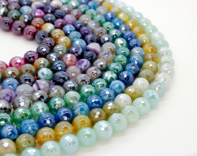 Rainbow Agate Beads, Faceted Round Green Blue Lime Yellow Purple Gray Rainbow Loose 8mm Agate Gemstone Beads - RNF92