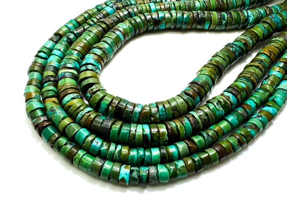 Natural Genuine Turquoise, Green Hubei Turquoise Heishi Rondelle Disc Gemstone Beads - PG93E