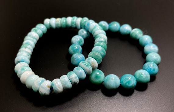 Larimar Bracelet, Grade AAA High Quality Genuine Dominican Republic Larimar Polished Round Gemstone Beads Stretch Beaded Bracelet - PGB212