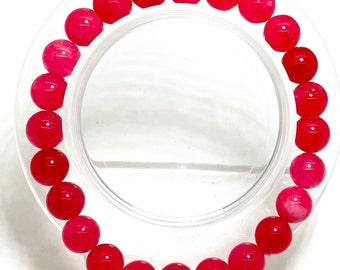 Hot Pink Agate Natural Gemstone 6mm 8mm Smooth Round Beads Stretch Elastic Cord Bracelet - PGB138