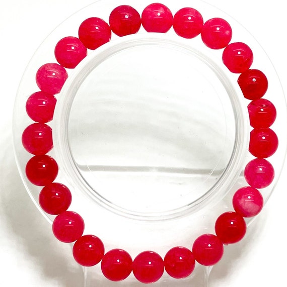 Hot Pink Agate Natural Gemstone 6mm 8mm Smooth Round Beads Stretch Elastic Cord Bracelet - PGB138