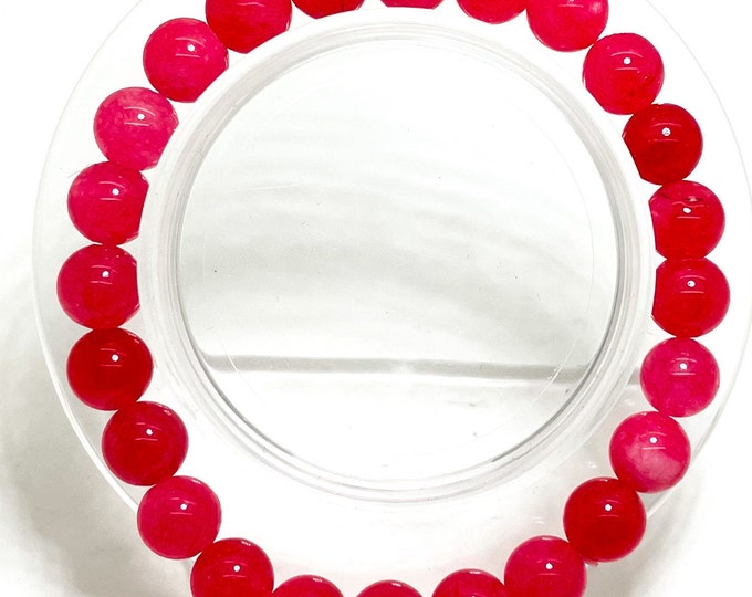 Hot Pink Agate Natural Gemstone 6mm 8mm Smooth Round Beads Stretch Elastic Cord Bracelet - PGB138
