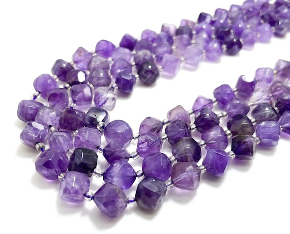 Natural Amethyst Beads, Purple Amethyst Faceted Square Cube Polished Nugget Gemstone 8mm x 8mm beads - PG255