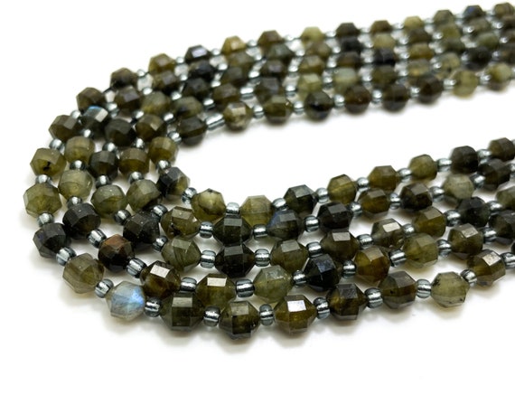 Natural Dark Gray Rainbow Labradorite Faceted Round 6mm x 7mm Double Terminated Points Energy Prism Cut Gemstone Beads - PGS305