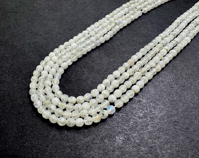 Natural Moonstone Beads, White Rainbow Moonstone Faceted Round Gemstone Beads (4mm) - PG282