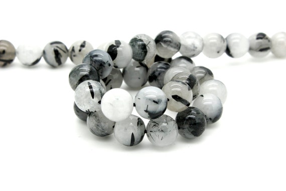 Natural Black Tourmaline Quartz Smooth Polished Round Ball Sphere Gemstone Bead Beads - RN42B