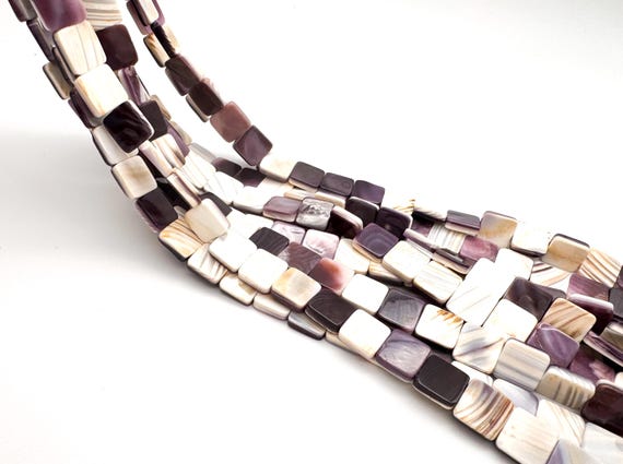Natural Wampum Shell Square Beads • Genuine Purple White Quahog 10mm Flat Beads • Polished Coastal Shell Jewelry Supply