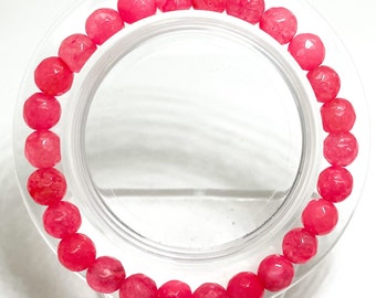 Jade Bracelet, 8mm Hot Pink Fuchsia Jade Faceted Round Gemstone 8mm Beads Stretch Elastic Cord Handmade Beaded Bracelet- PGB38