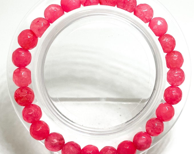 Jade Bracelet, 8mm Hot Pink Fuchsia Jade Faceted Round Gemstone 8mm Beads Stretch Elastic Cord Handmade Beaded Bracelet- PGB38