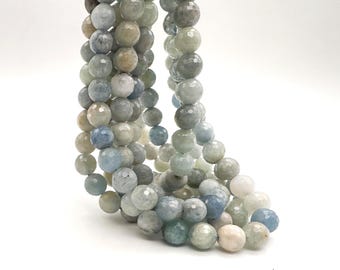 Natural Aquamarine Faceted Round Beads | 6mm 8mm 10mm 12mm | Pale Blue Gemstone Beads | Full 15.5" Strand | Jewelry Making Supplies - PG49