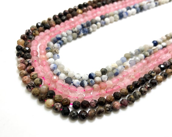 Natural 4mm Gemstone - (Sodalite, Rhodonite, Rose Quartz) Faceted Round Gemstone Beads Stone Rock - RNF117