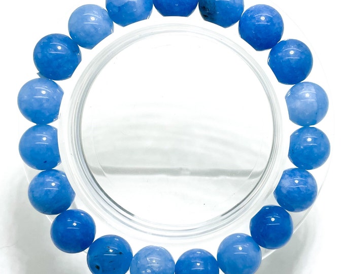 Aquamarine Jade Polished Smooth Round 8mm 10mm Gemstone Beads Elastic Stretch Bracelet-  PGB182