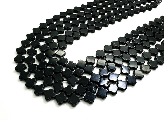 Natural Black Onyx Four Leaf Clover 8mm Smooth Gemstone Beads - PGS416
