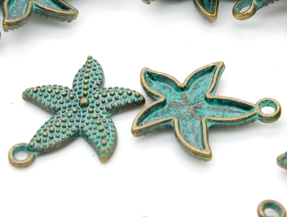 Antiqued Patina Green Bronze Charm Beads Pendant Earing 22mm x 19mm x 3mm - StarFish