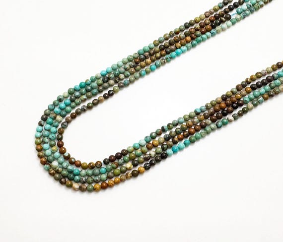 Natural Turquoise Beads – 3mm Round Smooth Genuine Blue-Green-Brown Gemstone for Jewelry Making- RN128B