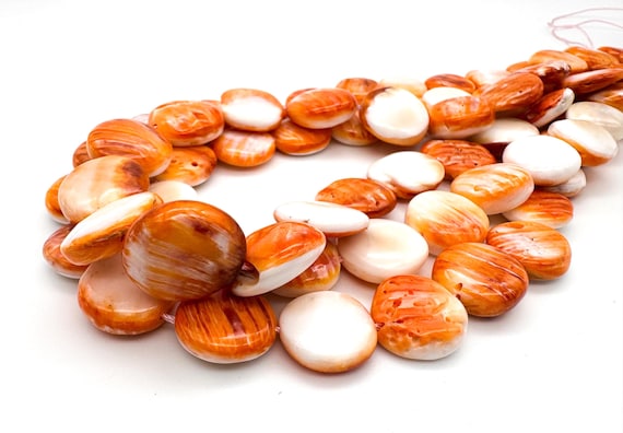 Natural Spiny Oyster Shell Beads 15-18mm Polished Flat Round Disc Coin Vibrant Orange & White Shell Native American Gemstone Beads - SO1