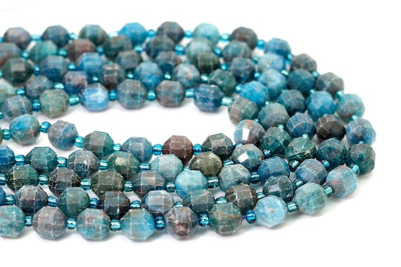 Natural Apatite Faceted Round 5mm x 6mm, 7mm x 8mm Double Terminated Points Energy Prism Cut Gemstone Beads - PGS301