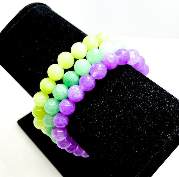 Jade Bracelet, Green Lime Purple Jade Smooth Round Gemstone 8mm Beads Stretch Elastic Cord Bracelet - PGB168B