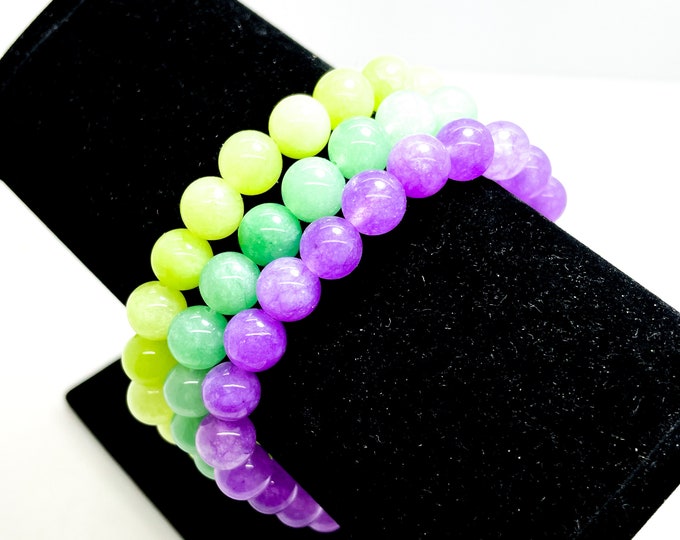 Jade Bracelet, Green Lime Purple Jade Smooth Round Gemstone 8mm Beads Stretch Elastic Cord Bracelet - PGB168B
