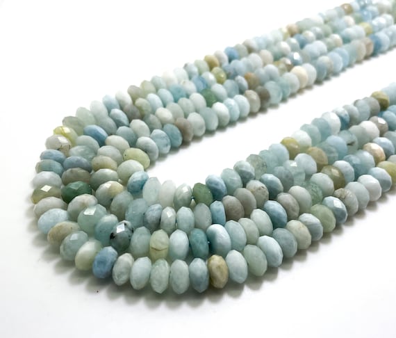 Natural Aquamrine Beads, AAA Blule Faceted Rondelle Aquamarine 5mm x 8mm  Gemstone - 15.5" - RDF64B