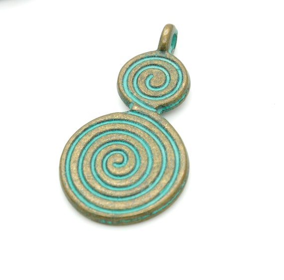 Antiqued Patina Green Bronze Charm Beads Pendant Earing 27mm x 14mm x 1mm - Swirl Spiral