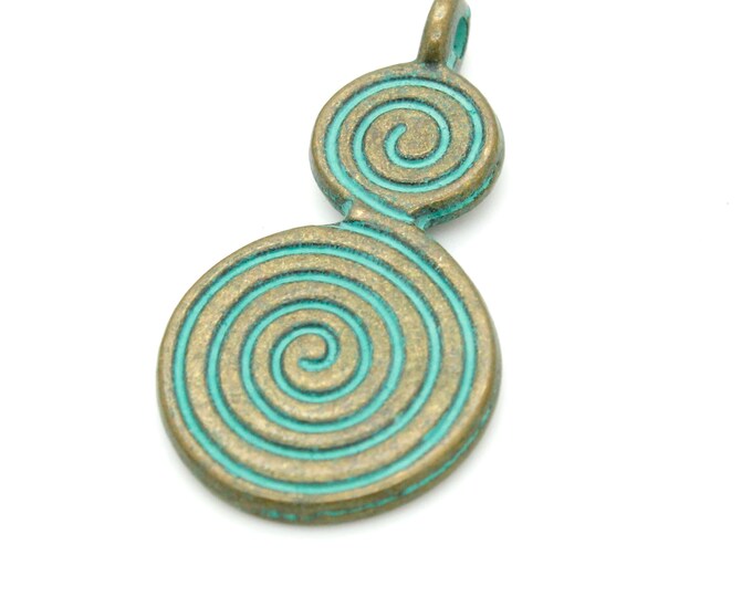 Antiqued Patina Green Bronze Charm Beads Pendant Earing 27mm x 14mm x 1mm - Swirl Spiral
