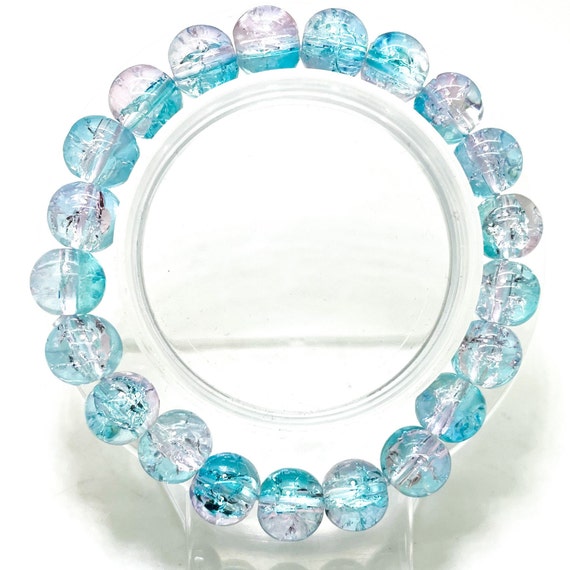 Crackle Quartz Handmade Cracked Crystal 10mm Polished Smooth Gemstone Bracelet (Sky Blue Clear) - PGB238I