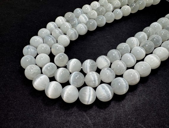 AAA Rare Genuine Natural White Selenite Polished Smooth Round Gemston Beads - PG17