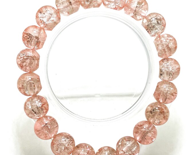 Crackle Quartz Handmade Cracked Crystal 10mm Polished Smooth Gemstone Bracelet (Peach) - PGB239M