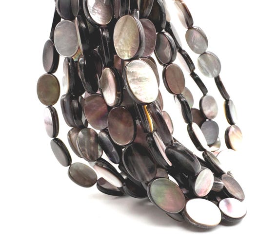 Natural Black Lip Shell Beads Smooth 10x14mm Flat Oval Discs Iridescent Black Mother of Pearl Men Women Jewelry Artisan Supply PG208