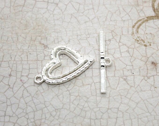 Lot Bulk 18mm x 22mm Silver Flat Heart Shape Enamel Lines Toggle Antiqued Clasps, Jump Ring, Necklace Bracelet, Connectors, Jewelry Supplies