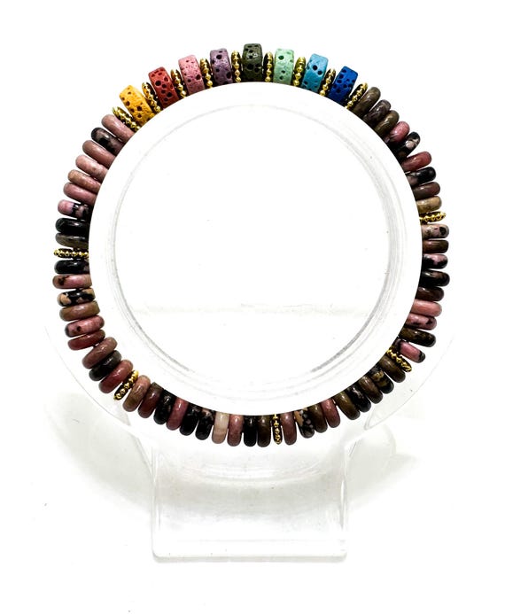 6.5" Rhodonite & Chakra Lava Rock Bracelet – Handmade Elastic Cord, 6mm Beads - PGB8R5