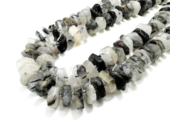 Natural Tourmaline Rutilated Quartz, Black Tourmalinated Quartz Faceted Flat Disc Round Nugget Gemstone Beads - RDF15