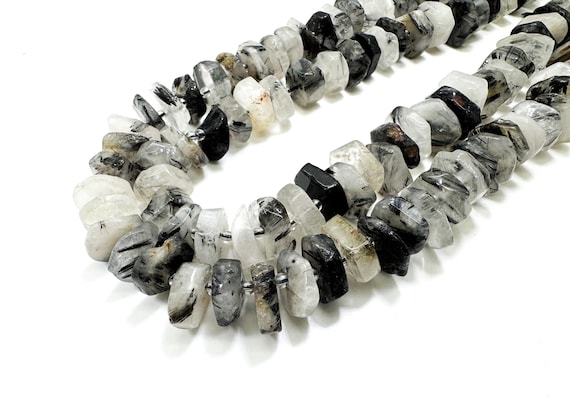 Natural Tourmaline Rutilated Quartz, Black Tourmalinated Quartz Faceted Flat Disc Round Nugget Gemstone Beads - RDF15